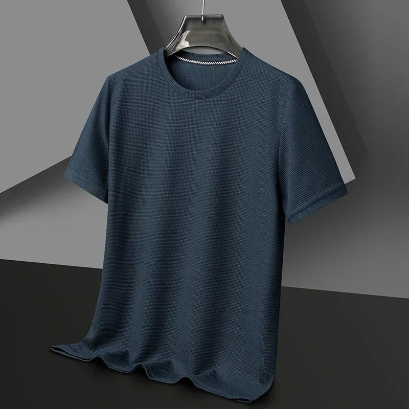 Nueva camiseta de manga corta con cuello redondo y gofres de verano para hombre, Top de manga corta