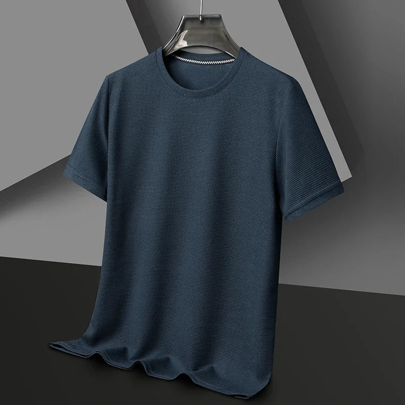 Nueva camiseta de manga corta con cuello redondo y gofres de verano para hombre, Top de manga corta