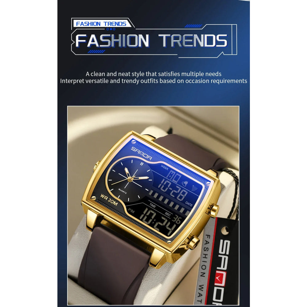 SANDA 6163 Fashion Trend Men's Quartz Watch Fashion Square Watch Countdown Sports Waterproof Dual Display Digital Men's Watches