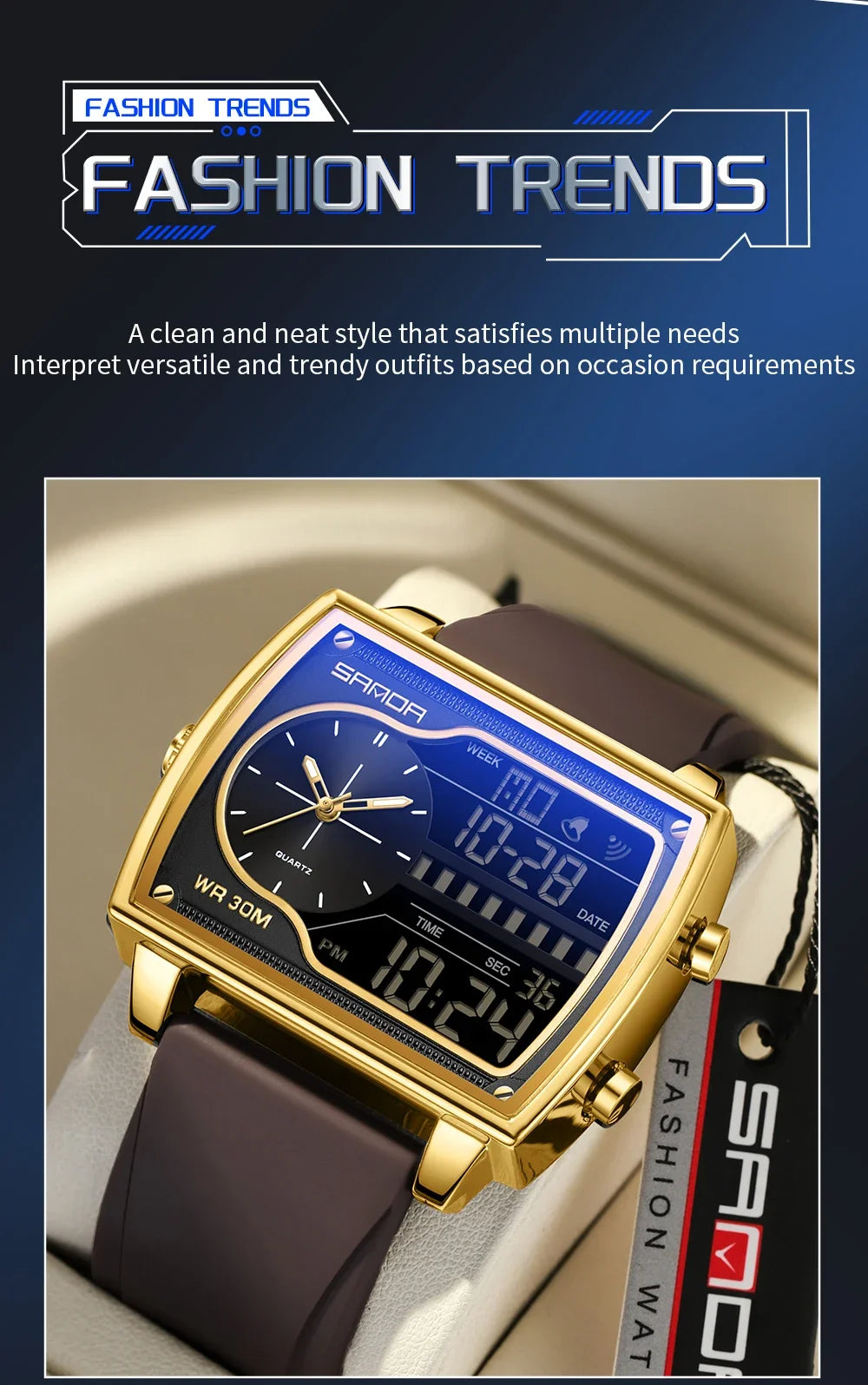 SANDA 6163 Fashion Trend Men's Quartz Watch Fashion Square Watch Countdown Sports Waterproof Dual Display Digital Men's Watches