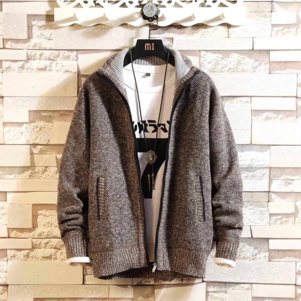 Autumn and Winter New Fleece Thicken Large Size Casual Loose Sweater Men's Jacket Stand-up Collar Cardigans