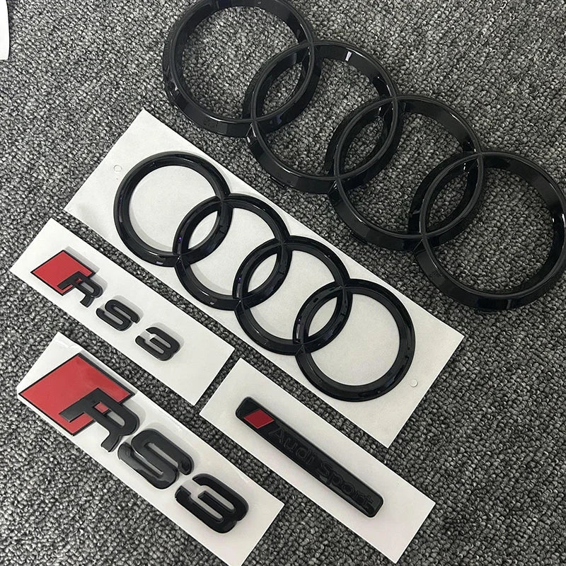 2PCS 4Ring logo ABS Black Car Hood Front Grill Emblem Rear Trunk Badge Sticker 2P S3 1P Audi Sport For AUDI S3 2010-2020