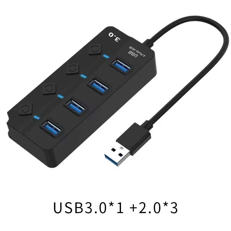 USB3.0 HUB 4 en 1 7 en 1USB Splitter 2.0 Adaptador USB Extensor de interruptor de alimentación independiente multipuerto Cable de 30 CM