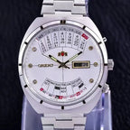 automatic mechanical Orient unisex watch with rotating large dial, fully functional stainless steel world time
