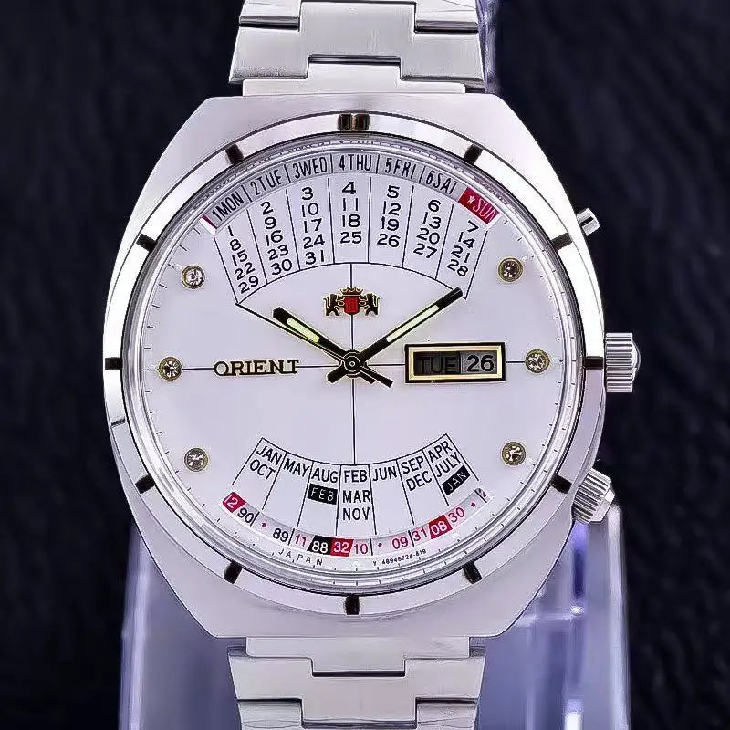 automatic mechanical Orient unisex watch with rotating large dial, fully functional stainless steel world time
