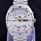 automatic mechanical Orient unisex watch with rotating large dial, fully functional stainless steel world time