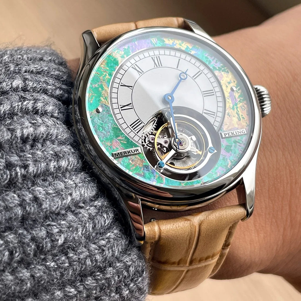 42mm nuevo Merkur Tourbillon relojes de pulsera para hombre reloj mecánico de cuerda a mano reloj de pulsera de moda para hombre zafiro 2025 esqueleto