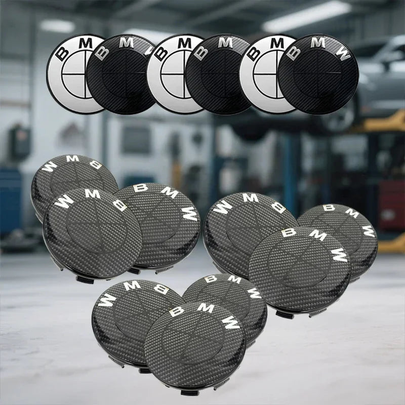 45/74/82mm Hood/Trunk Emblems + 68mm Wheel Hub Covers - Compatible with BMW 3/4/5 Series & X5/X6 (F Series) - Black/White