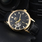 Orient automatic mechanical unisex watch with hollowed out personalized dial, fully functional world time leather strap