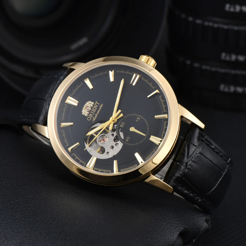Orient automatic mechanical unisex watch with hollowed out personalized dial, fully functional world time leather strap