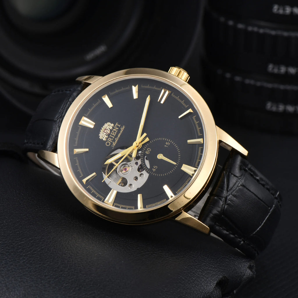 Orient automatic mechanical unisex watch with hollowed out personalized dial, fully functional world time leather strap