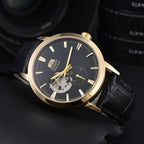Orient automatic mechanical unisex watch with hollowed out personalized dial, fully functional world time leather strap