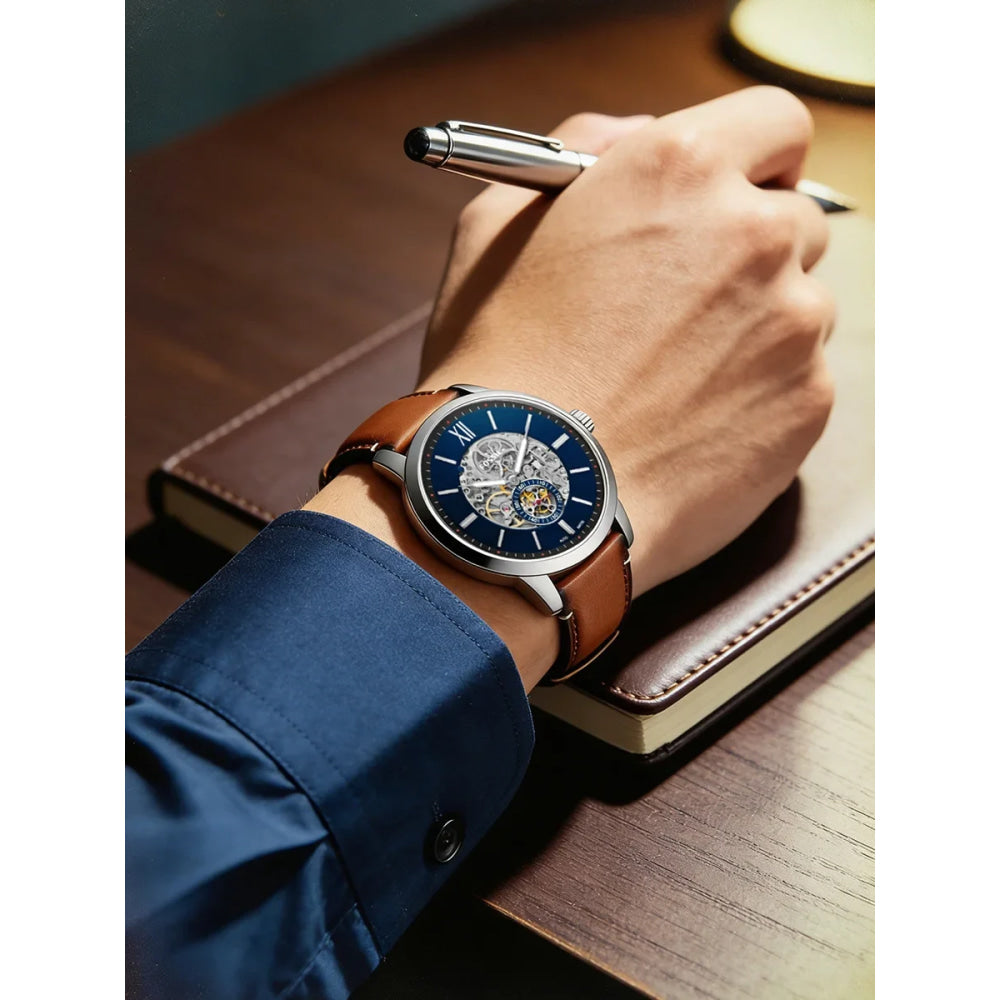 Fossil Men's Automatic Mechanical Watch Skeleton Dial Visible Movement Leather Strap Blue Navy Business Dress Gift Boyfriend