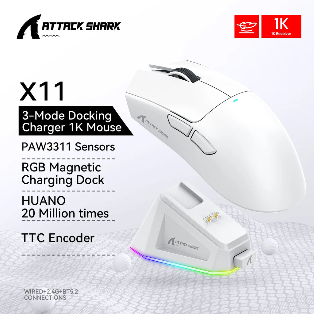 Attack Shark X11 Conexión tricodo 2,4 GHz/con cable/Bluetooth PAW3311 22K000DPI 400IPS RGB Ratón para juegos de PC