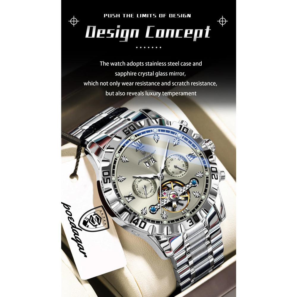 POEDAGAR Luxury Men Wristwatch Hollow Tourbillon Luminous Date Week Man Clock Automatic Mechanical Stainless Steel Men's Watches
