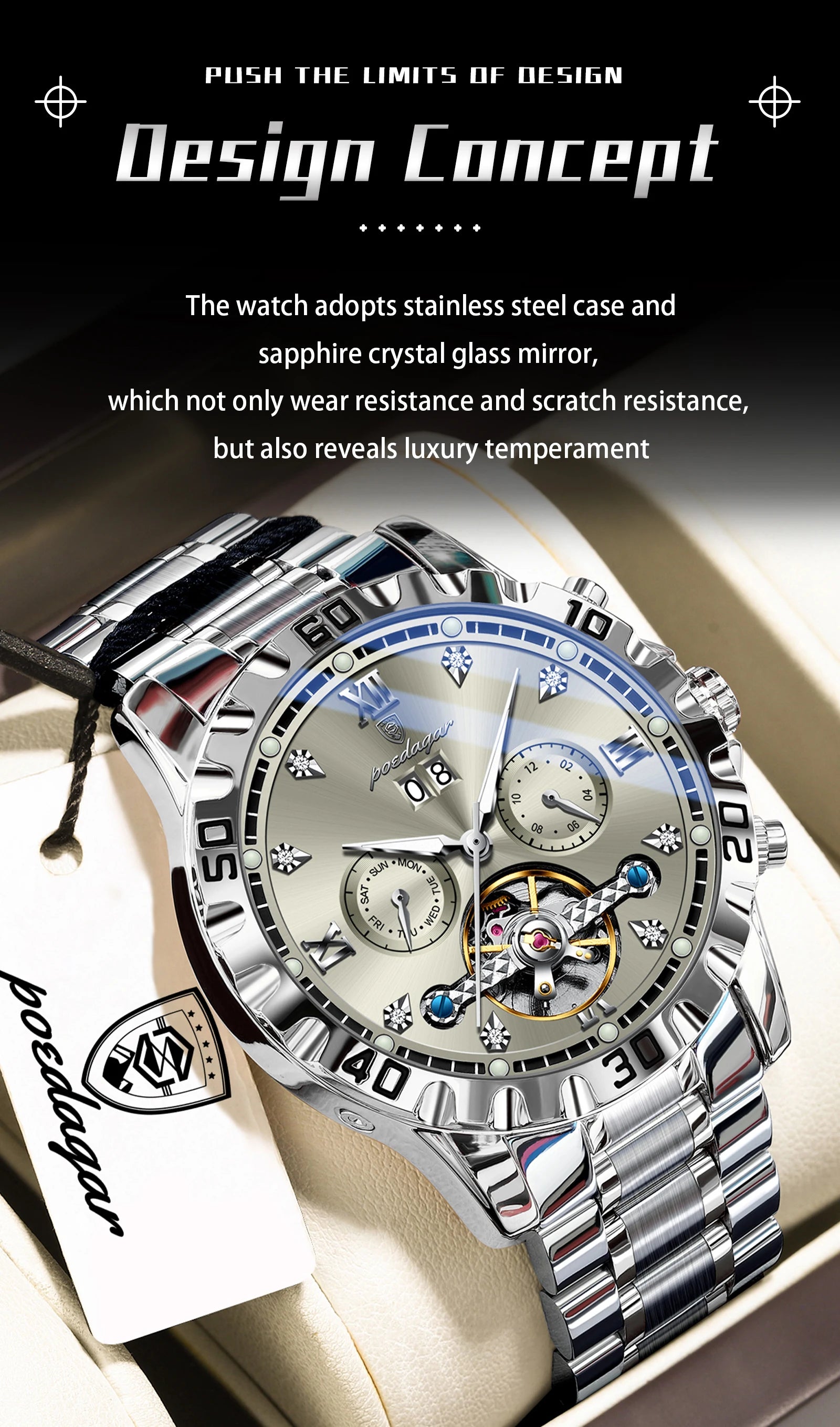 POEDAGAR Luxury Men Wristwatch Hollow Tourbillon Luminous Date Week Man Clock Automatic Mechanical Stainless Steel Men's Watches