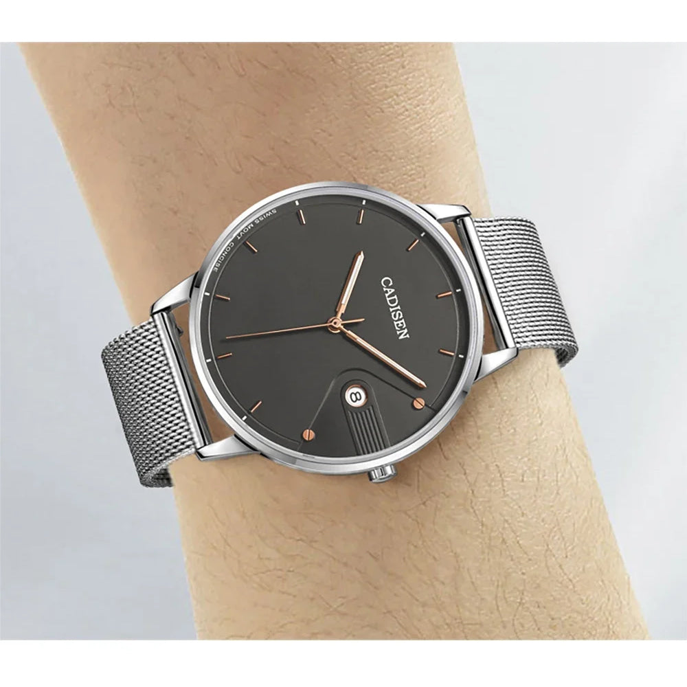 CADISEN Swiss Ronda 715 Quartz Watch Mans 7MM Ultra-thin Dial Sapphire Luminous Stainless Steel Milano Mesh Strap Watches Men