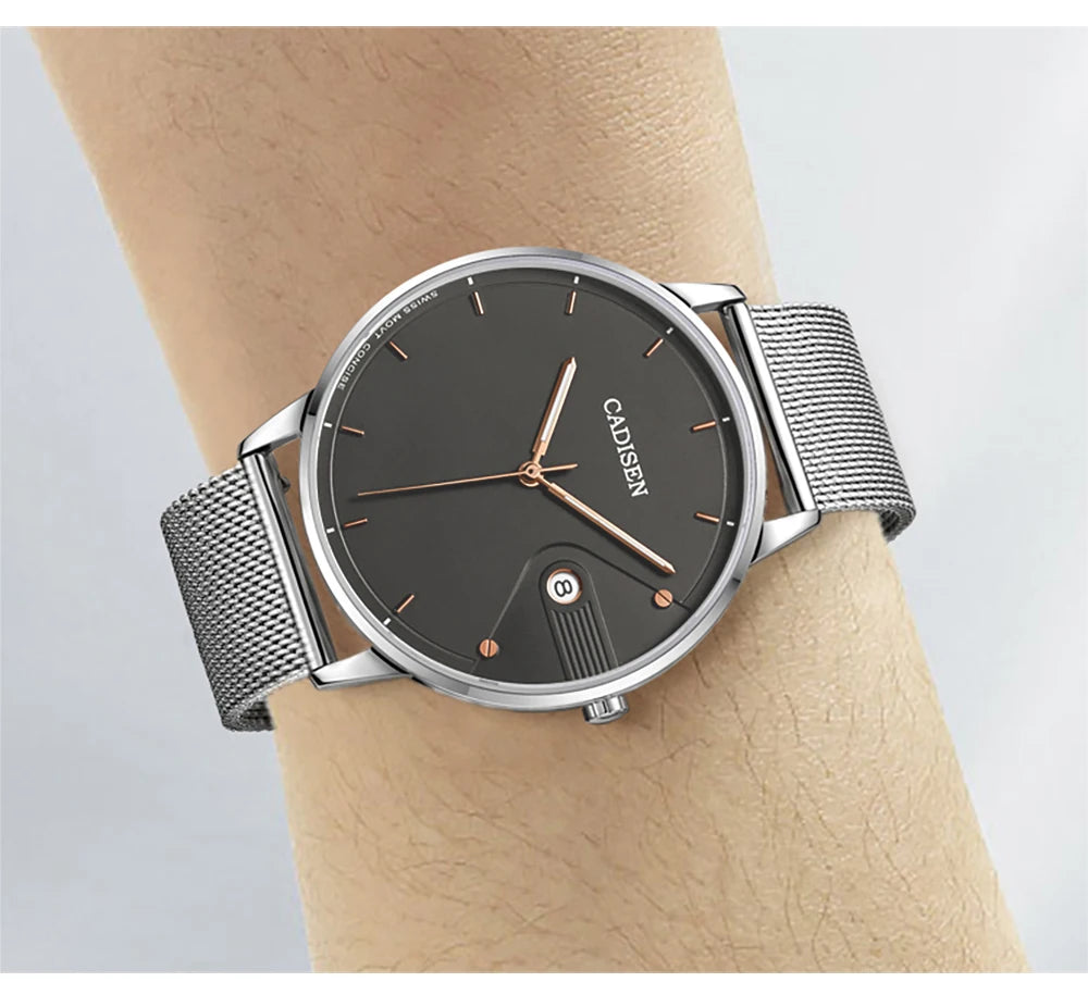 CADISEN Swiss Ronda 715 Quartz Watch Mans 7MM Ultra-thin Dial Sapphire Luminous Stainless Steel Milano Mesh Strap Watches Men