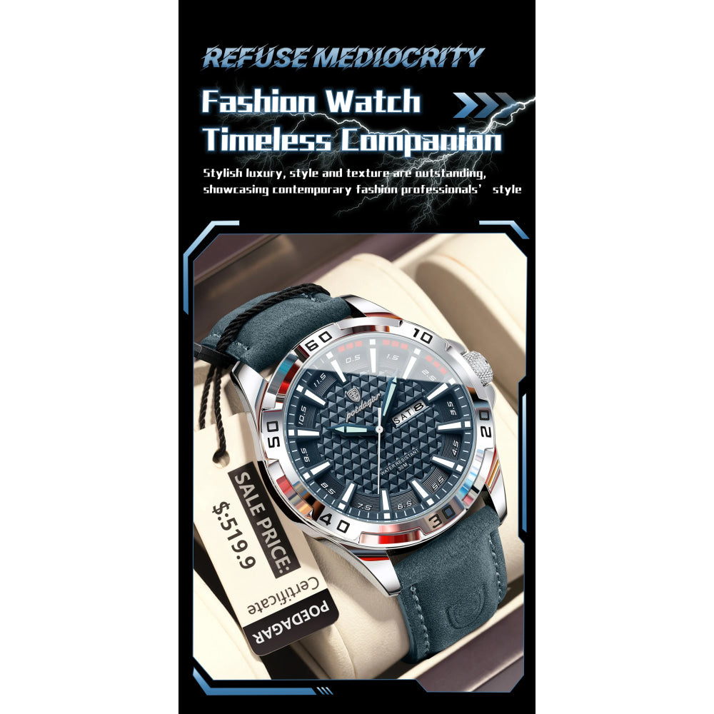 POEDAGAR Original Man Wristwatch Top Luxury Waterproof Luminous Date Week Watch For Men Quartz Sport Leather Men's Watches Reloj