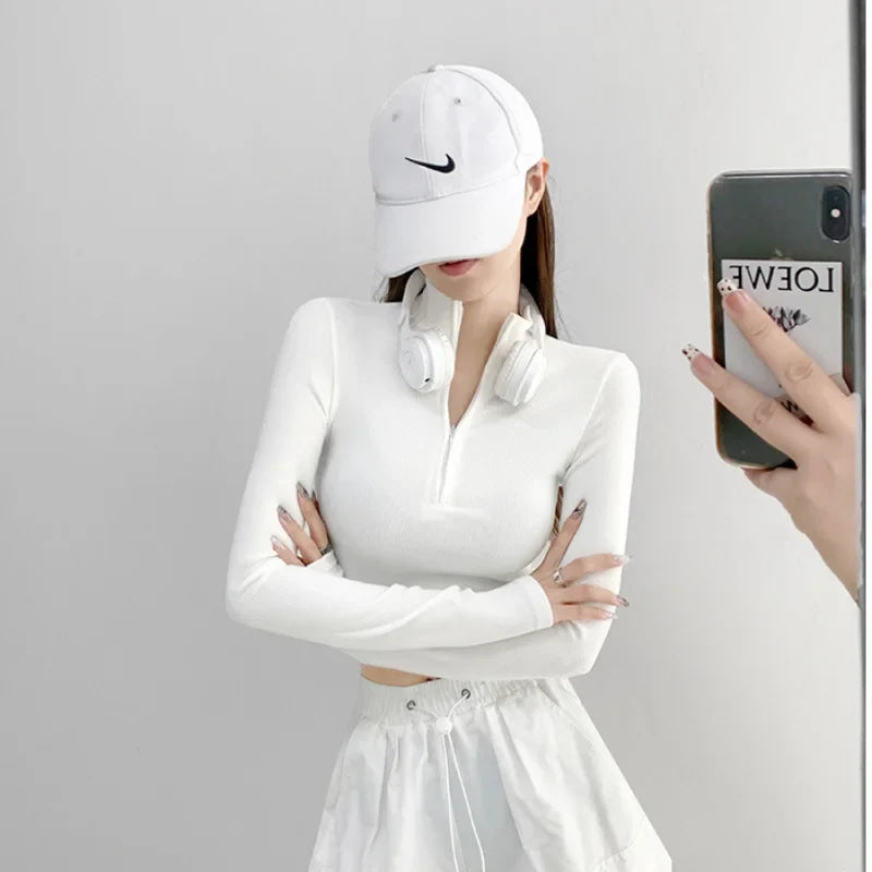 Solid Color Casual T-shirt Women Long Sleeve Turtleneck Crop Tops Sexy Simple Style Party Club 2023 Spring Summer New T-shirts