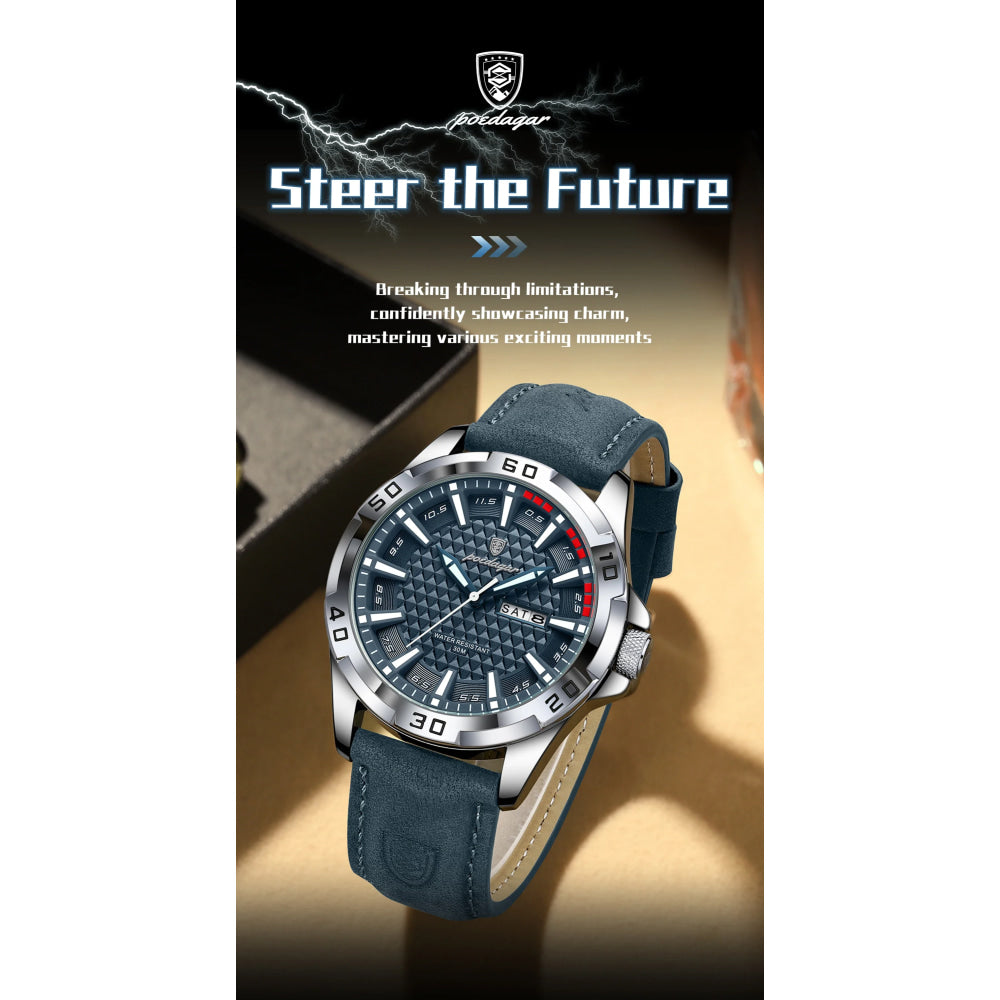 POEDAGAR Original Man Wristwatch Top Luxury Waterproof Luminous Date Week Watch For Men Quartz Sport Leather Men's Watches Reloj
