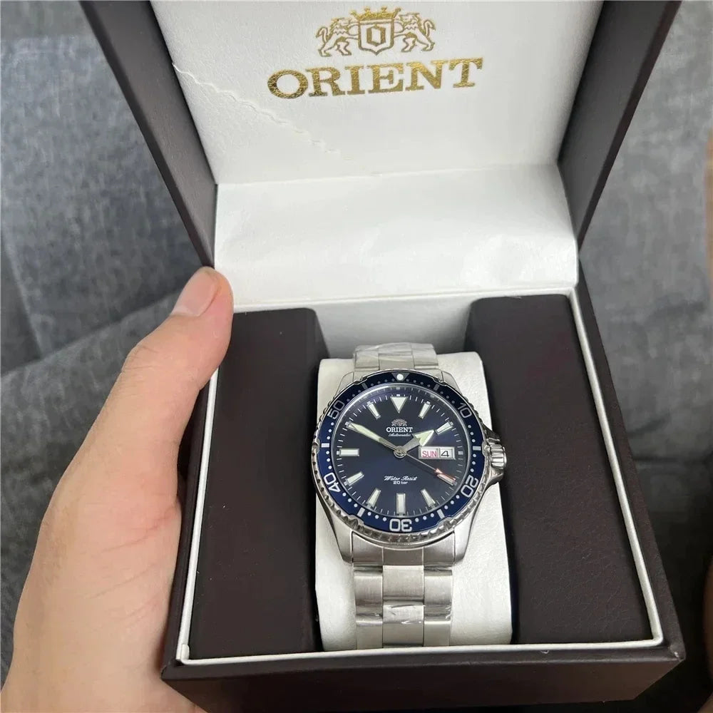 Orient Automatic Mechanical Diver Watch for Men 200M Waterproof Red Dial Stainless Steel Band Day Date Display Sport Wristwatch