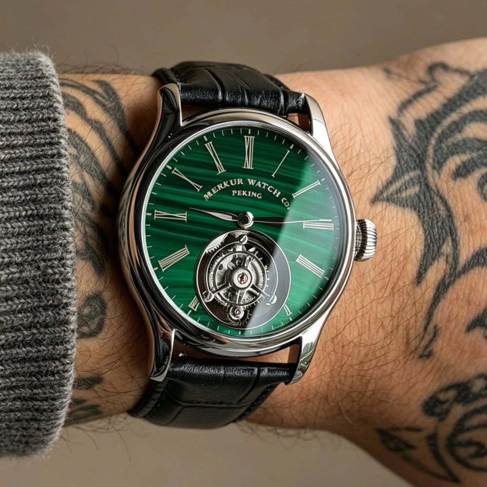 Merkur 100% Tourbillon Watch Men's Natural Stone Dial Malachite Sapphire Watch For Men Mechanical Wristwatches Relogio Masculino