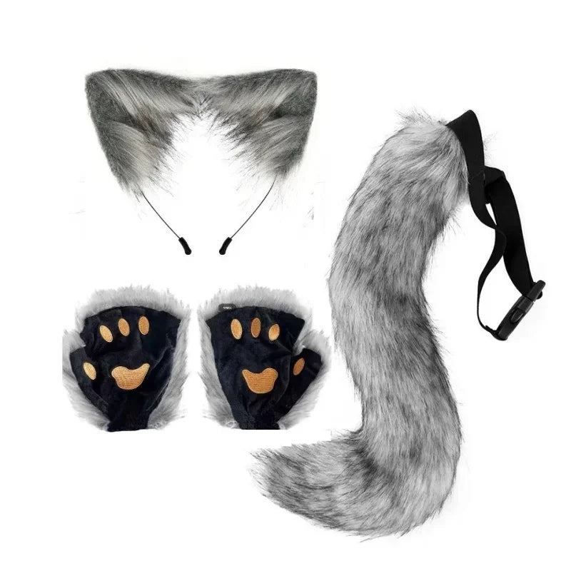 FluffyAnime-guantes y orejas de piel de Animal, cola de zorro, patas de gato, máscara facial, conjunto de disfraz de Cosplay, accesorios para fiesta de Halloween