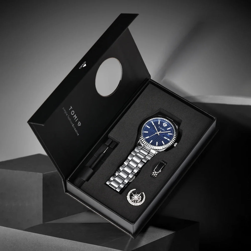 TOMI New Men's Watch Brooch Ring Gift Box Set Luxury Business Stainless Steel Strap Men's Calendar Casual Quartz Watch Reloj
