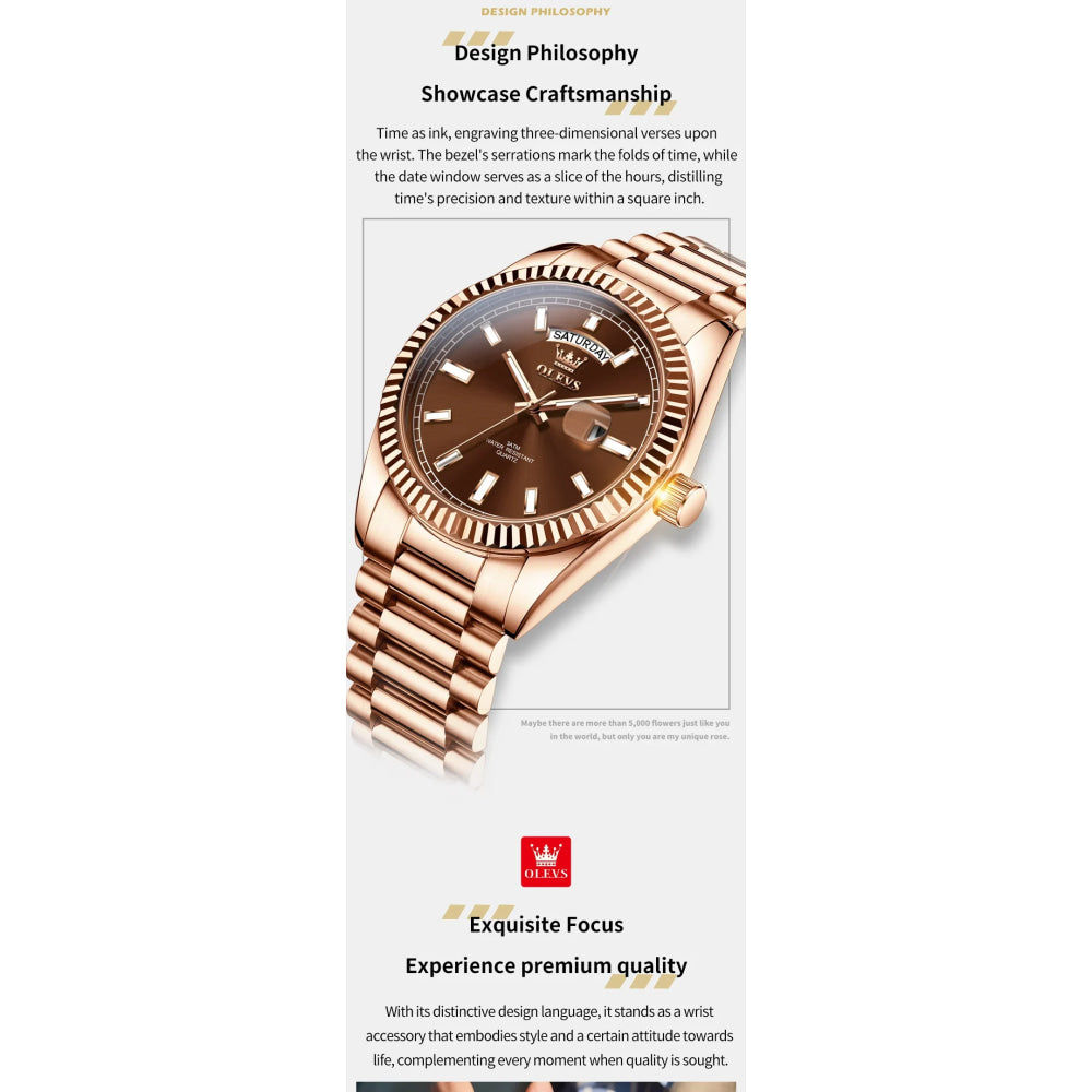 OLEVS Men's Watch Top Brand Luxury Wrist Watch For Men Fashion Rose Gold Stainless Steel Waterproof Watch Day Date Quartz Clock