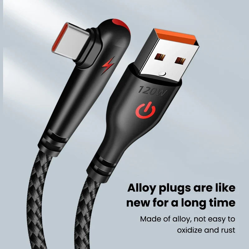 120W USB C Cable 90 Degree For OPPO Fast Charging Cord For Samsung S21 xiaomi 14 iPhone15 Quick Charging Data Wire Charger Cable