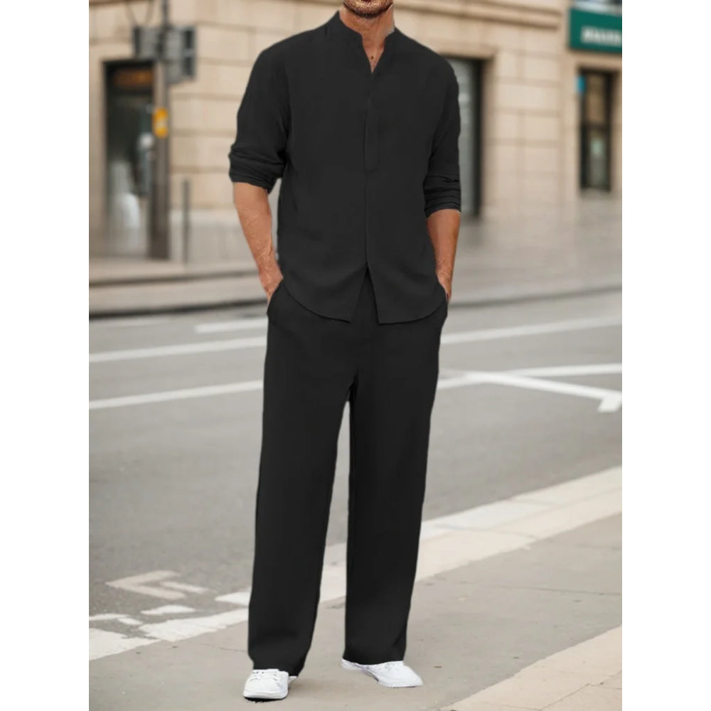 Men's Fall Casual Outfits Solid Color Henley Collar Long Sleeve Tops with Elastic Waist Pants Long Sleeve Pants Shirt Suit