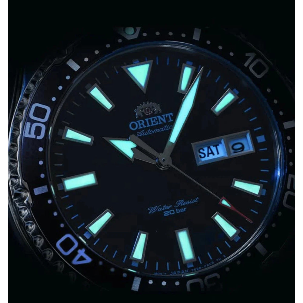 Orient Automatic Mechanical Diver Watch for Men 200M Waterproof Red Dial Stainless Steel Band Day Date Display Sport Wristwatch