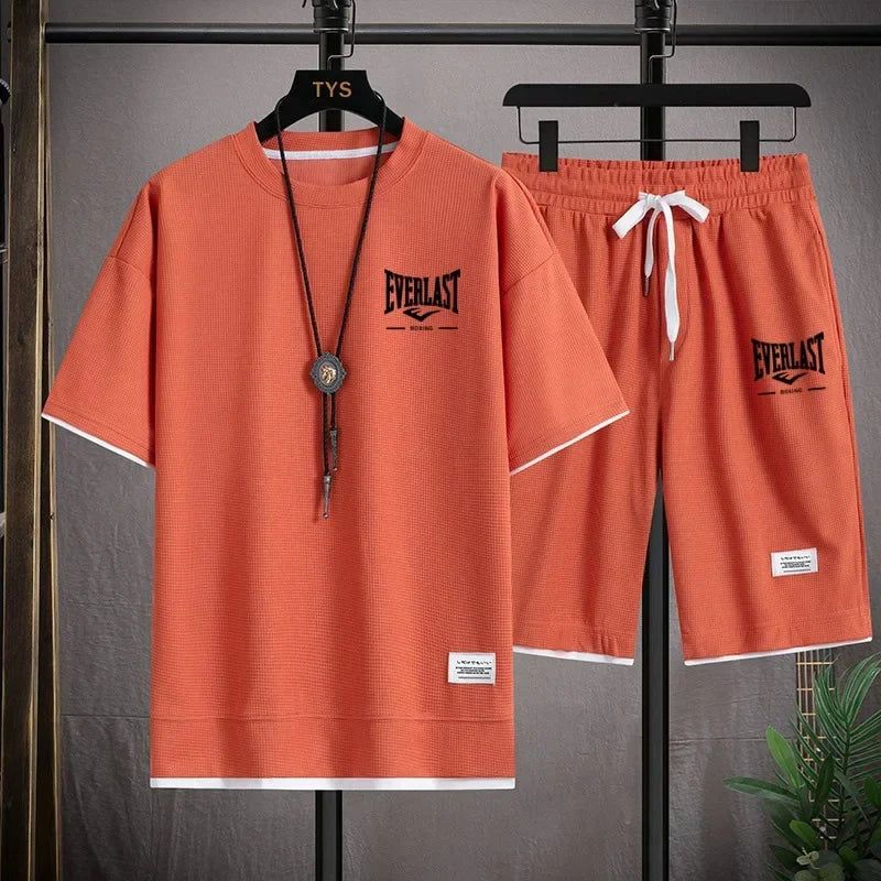 2026 Men's summer suit high quality round neck men's T-shirt 2 pieces shorts running quick dry leisure quick dry.