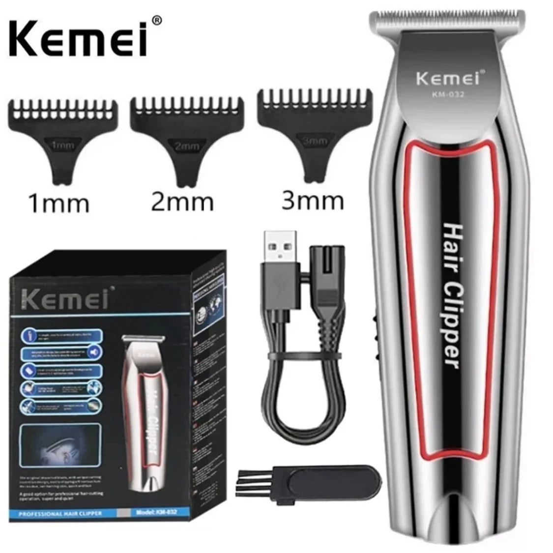 Cortadora de Pelo Profesional Kemei, Recortadora de Barba Eléctrica para Hombre, Máquina Cortadora de Pelo, Kit de Aseo KM-032