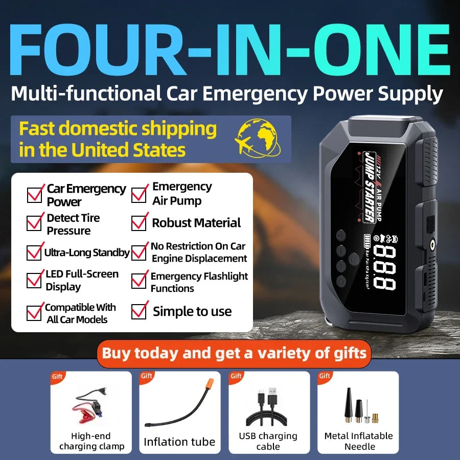 Portable 12V 8000A smart emergency car jump starter, with emergency air pump, flashlight, and power bank. Suitable for all car