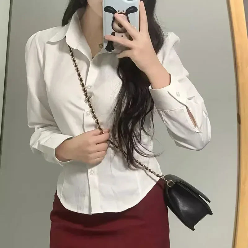 FANAN Preppy Style White Shirts Women Korean Slim Long Sleeve Office Shirt Ladies 2025 Spring Fashion Button Lapel Short Blouse