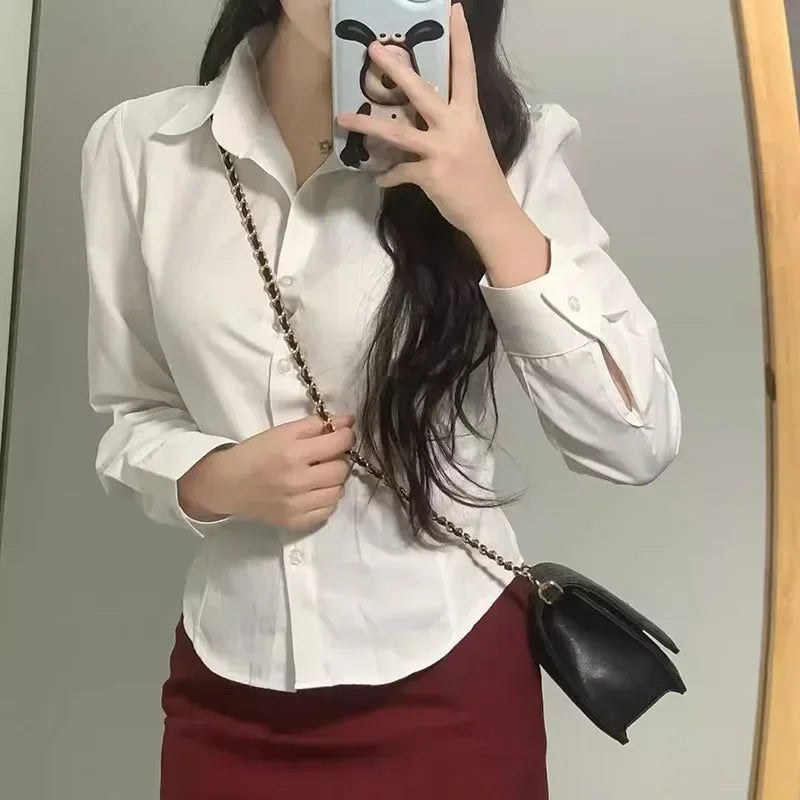 FANAN Preppy Style White Shirts Women Korean Slim Long Sleeve Office Shirt Ladies 2025 Spring Fashion Button Lapel Short Blouse