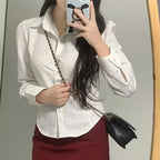FANAN Preppy Style White Shirts Women Korean Slim Long Sleeve Office Shirt Ladies 2025 Spring Fashion Button Lapel Short Blouse
