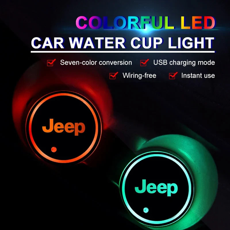 2Pcs LED Car Luminous Water Cup Pad Atmosphere Light Auto Accessories For Jeep Wrangler Renegade Compass Gladiator Cherokee Patr