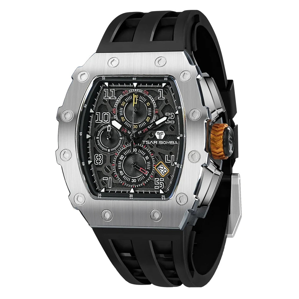 TSAR BOMBA Watch for Men Luxury Brand Tonneau Design Waterproof Clock Stainless Steel Wristwatch Fashion Rectangle Mens Watch