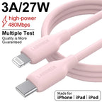 Macaron Pink 27W PD Fast Charging Cable USB C to Lightning Silicone Data Cable Soft Flexible for iPhone 14 13 12 11