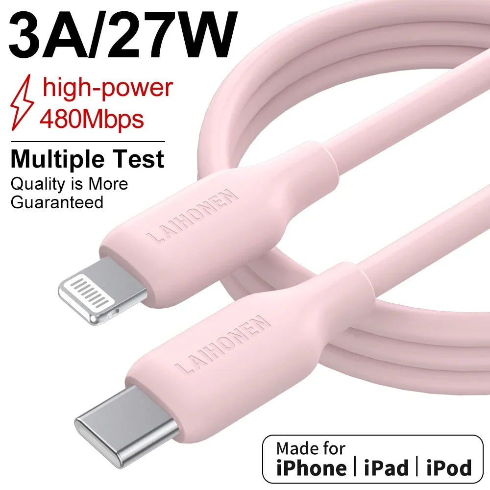 Macaron Pink 27W PD Fast Charging Cable USB C to Lightning Silicone Data Cable Soft Flexible for iPhone 14 13 12 11
