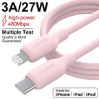 Macaron Pink 27W PD Fast Charging Cable USB C to Lightning Silicone Data Cable Soft Flexible for iPhone 14 13 12 11