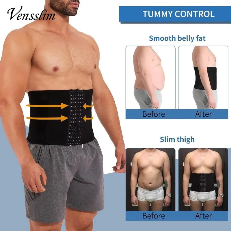 Vensslim Waist Trainer for Men Tummy Control Hooks Girdle Stomach Band 7 Steel Bones Back Support Strap Body Shaper Trimmer Belt