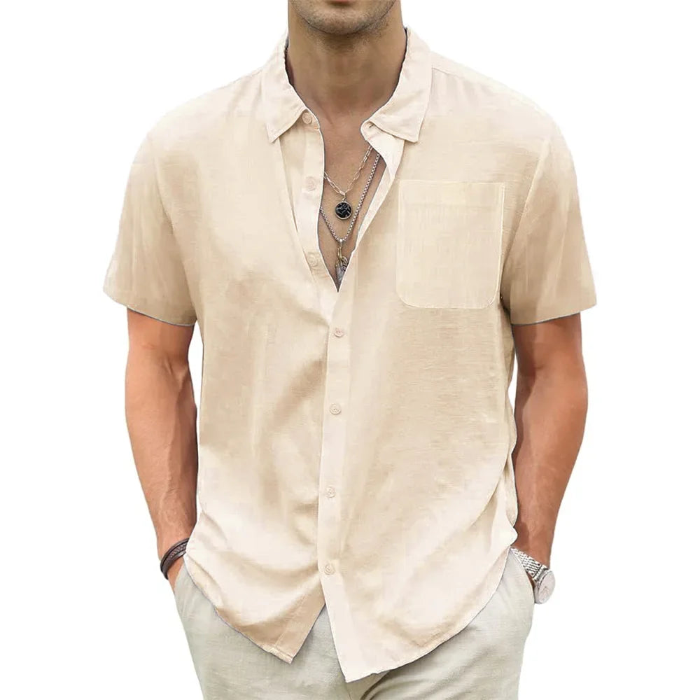 Men's Lightweight Hawaiian Shirts Cotton Linen Breathable Short Sleeve Shirts Vacation Beach Casual Summer Men Tops with Pocket