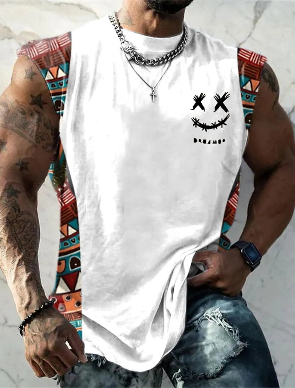 Summer New Men's Vest T Shirt Patterned Tribal Round Neck Clothing Daily Fitness Sports Vintage Sleeveless Printed Ethnic Tops