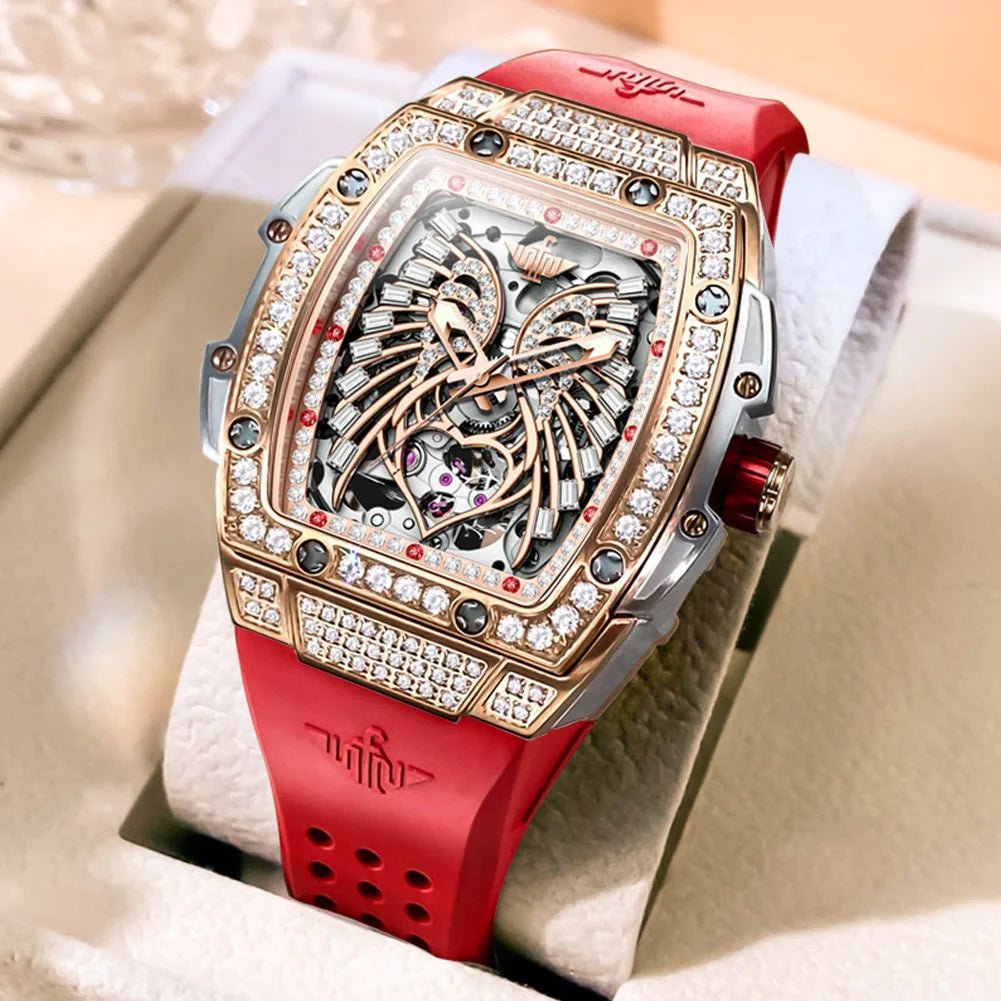 OUPINKE, marca de lujo, reloj mecánico para mujer, diseño de alas de Ángel de amor, esqueleto, automático, elegante, blanco, reloj de pulsera para mujer, nuevo