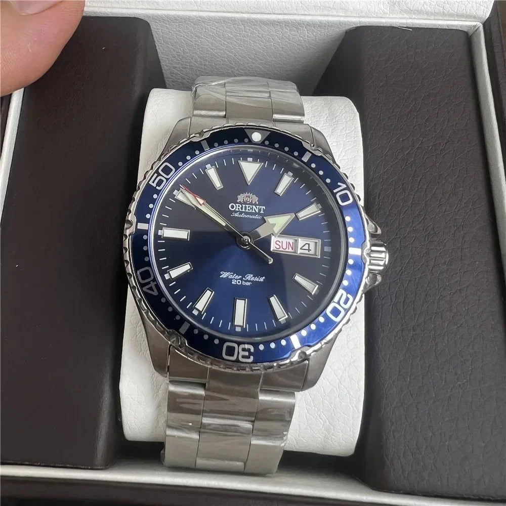 Orient Automatic Mechanical Diver Watch for Men 200M Waterproof Red Dial Stainless Steel Band Day Date Display Sport Wristwatch