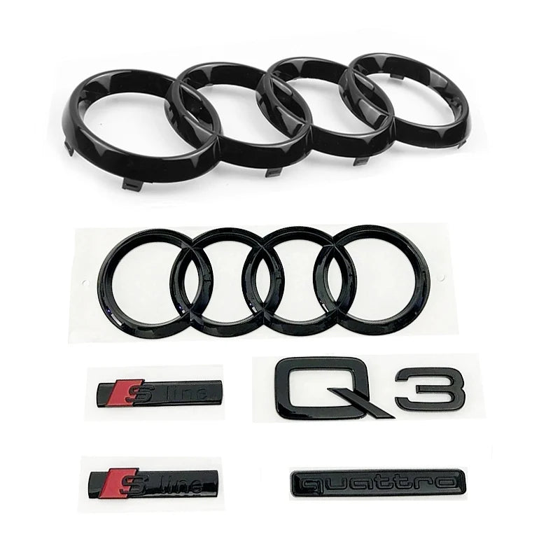 Black for AUDI Q3 2013-2022 4Ring Logo ABS Car Hood Front Grille Emblem Side Rear Trunk Badge Sticker Sline Quarrto Decoration